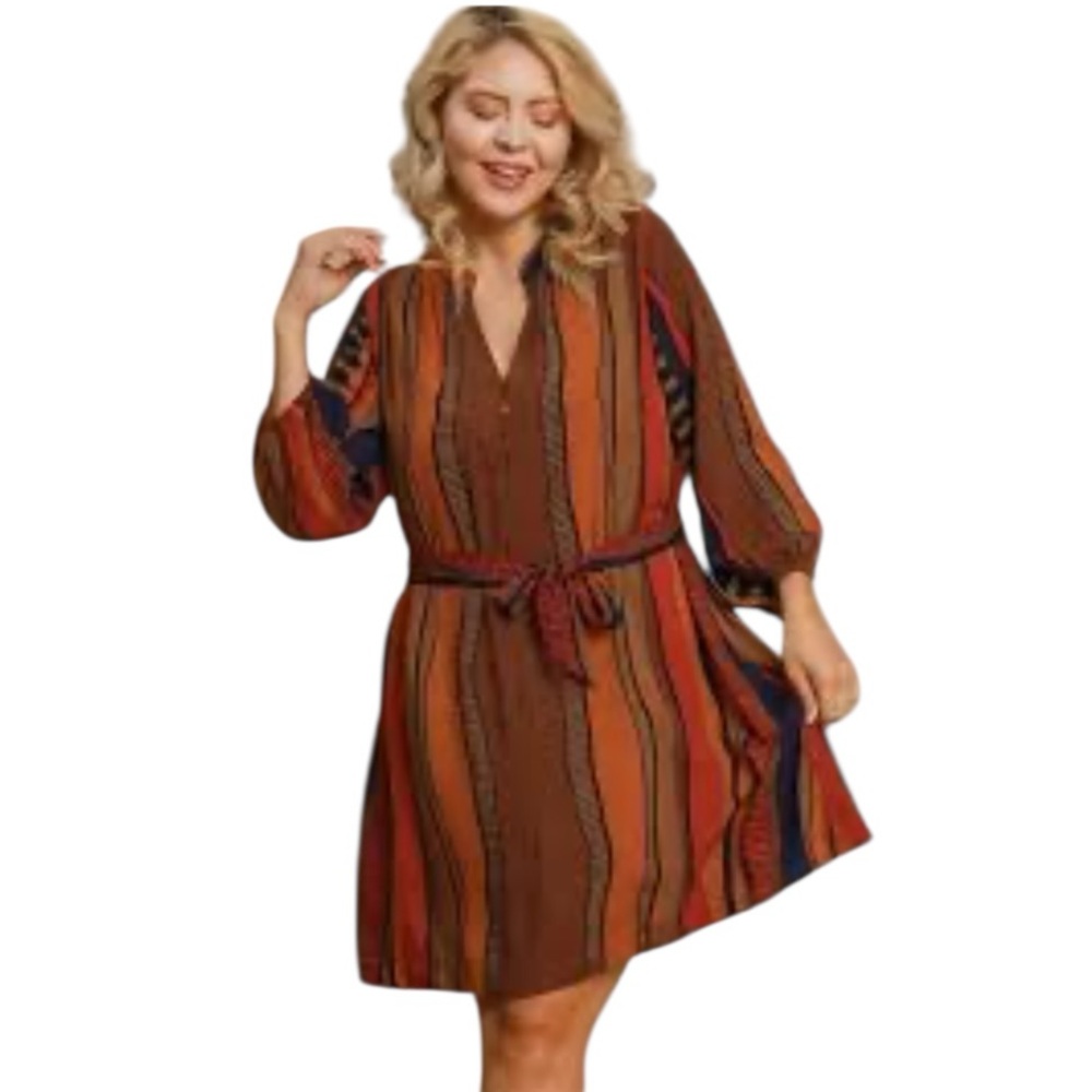 Umgee Rustic Stripe Detail V-Neck Tie Sash MIDI Dress Size Large